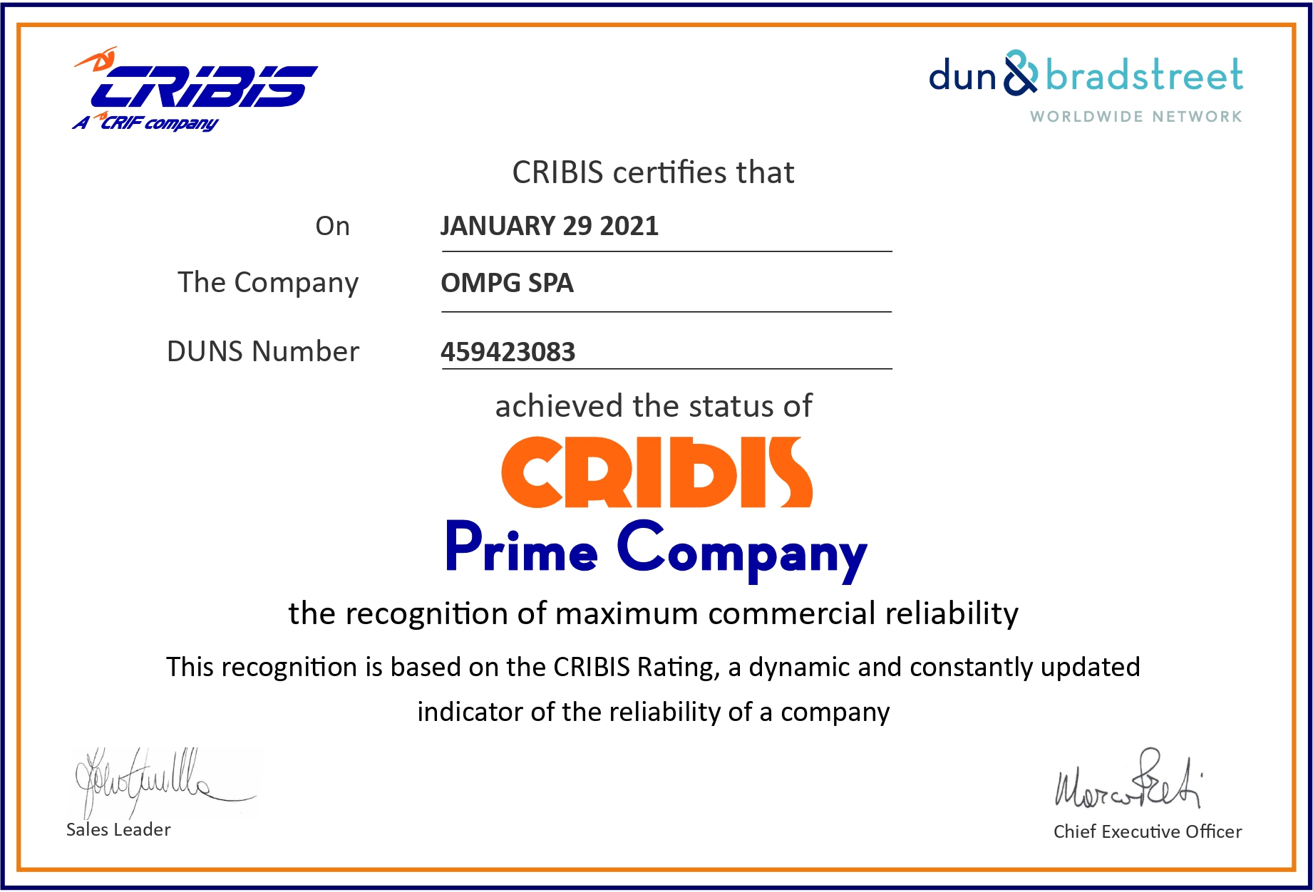 CRIBIS high commercial reliability award